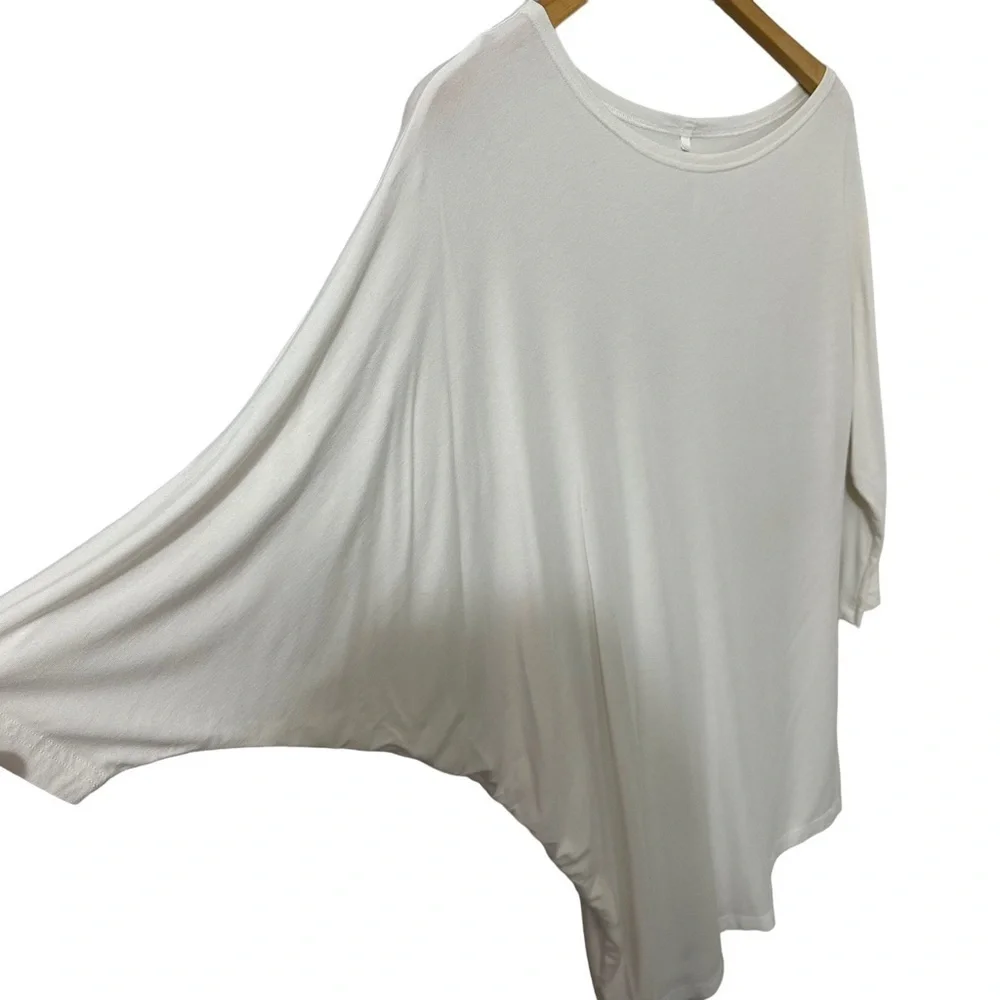 Peter O. Mahler Top Large Asymmetric Neckline White Jersey Knit Stretch Tunic - Picture 2 of 7